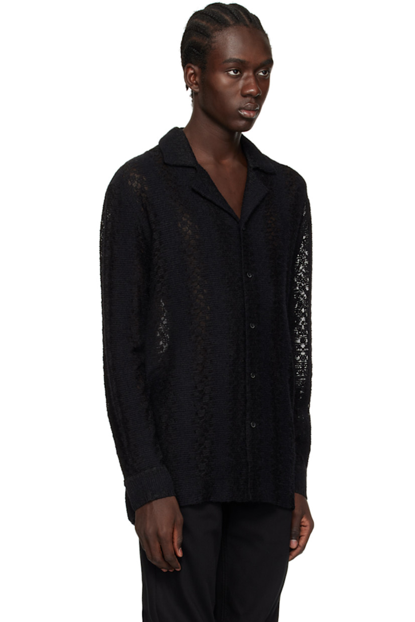 Lightweight semi-sheer raschel knit stretch nylon shirt.

· Open spread collar
· Button closure
· Dropped shoulders
· Single-button barrel cuffs
· Inverted pleat at back yoke

Supplier color: Black