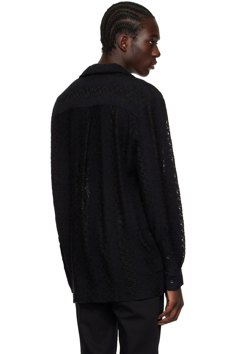 Lightweight semi-sheer raschel knit stretch nylon shirt.

· Open spread collar
· Button closure
· Dropped shoulders
· Single-button barrel cuffs
· Inverted pleat at back yoke

Supplier color: Black