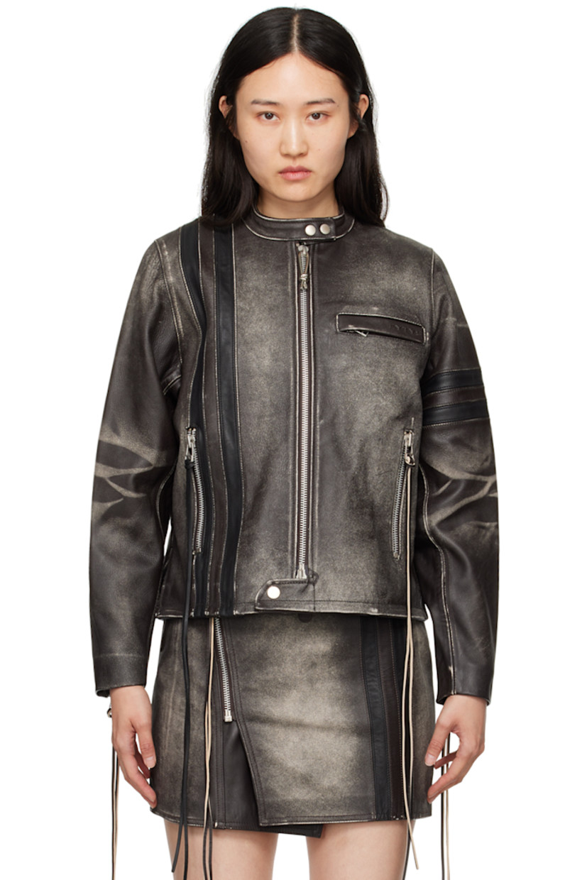 Grained leather jacket. Fading and whiskering throughout.

· Paneled construction
· Press-stud fastening at band collar
· Two-way zip closure
· Embossed logo and zip pocket at chest
· Stripes at front and sleeve
· Extended leather trim at zip pockets and cuffs
· Vented side seams
· Zip vent at cuffs
· Embossed logo at back hem
· Full twill lining

Available exclusively at SSENSE.

Supplier color: Brown stripe