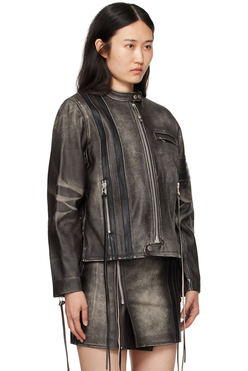 Grained leather jacket. Fading and whiskering throughout.

· Paneled construction
· Press-stud fastening at band collar
· Two-way zip closure
· Embossed logo and zip pocket at chest
· Stripes at front and sleeve
· Extended leather trim at zip pockets and cuffs
· Vented side seams
· Zip vent at cuffs
· Embossed logo at back hem
· Full twill lining

Available exclusively at SSENSE.

Supplier color: Brown stripe