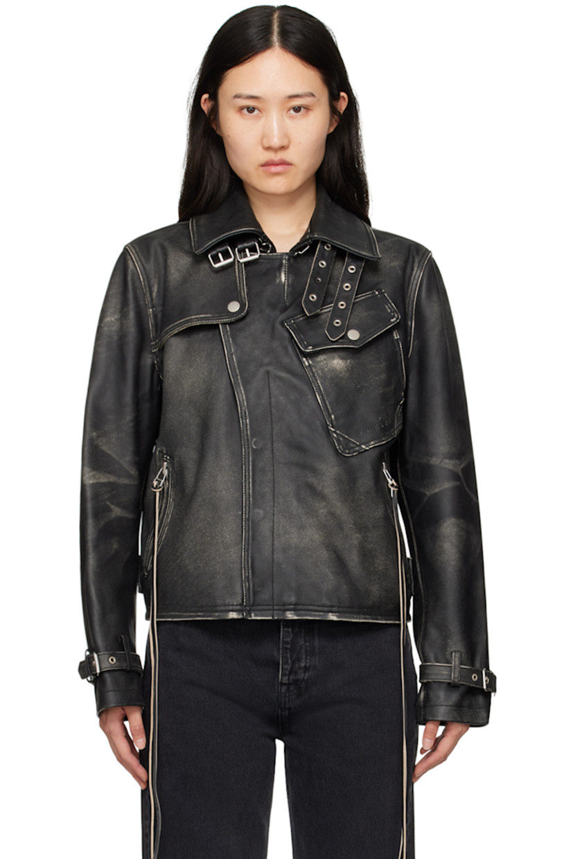Grained leather jacket. Fading, subtle distressing, and whiskering throughout. 

· Adjustable pin-buckle fastenings at notched lapel
· Offset zip closure with press-stud placket
· Storm flap at chest
· Logo embossed at flap pocket
· Extended trim at zip pockets
· Eyelets at armscyes 
· Pin-buckle strap at cuffs and back waist
· Welt pocket at interior
· Fully lined
· Logo-engraved silver-tone hardware

Supplier color: Black
