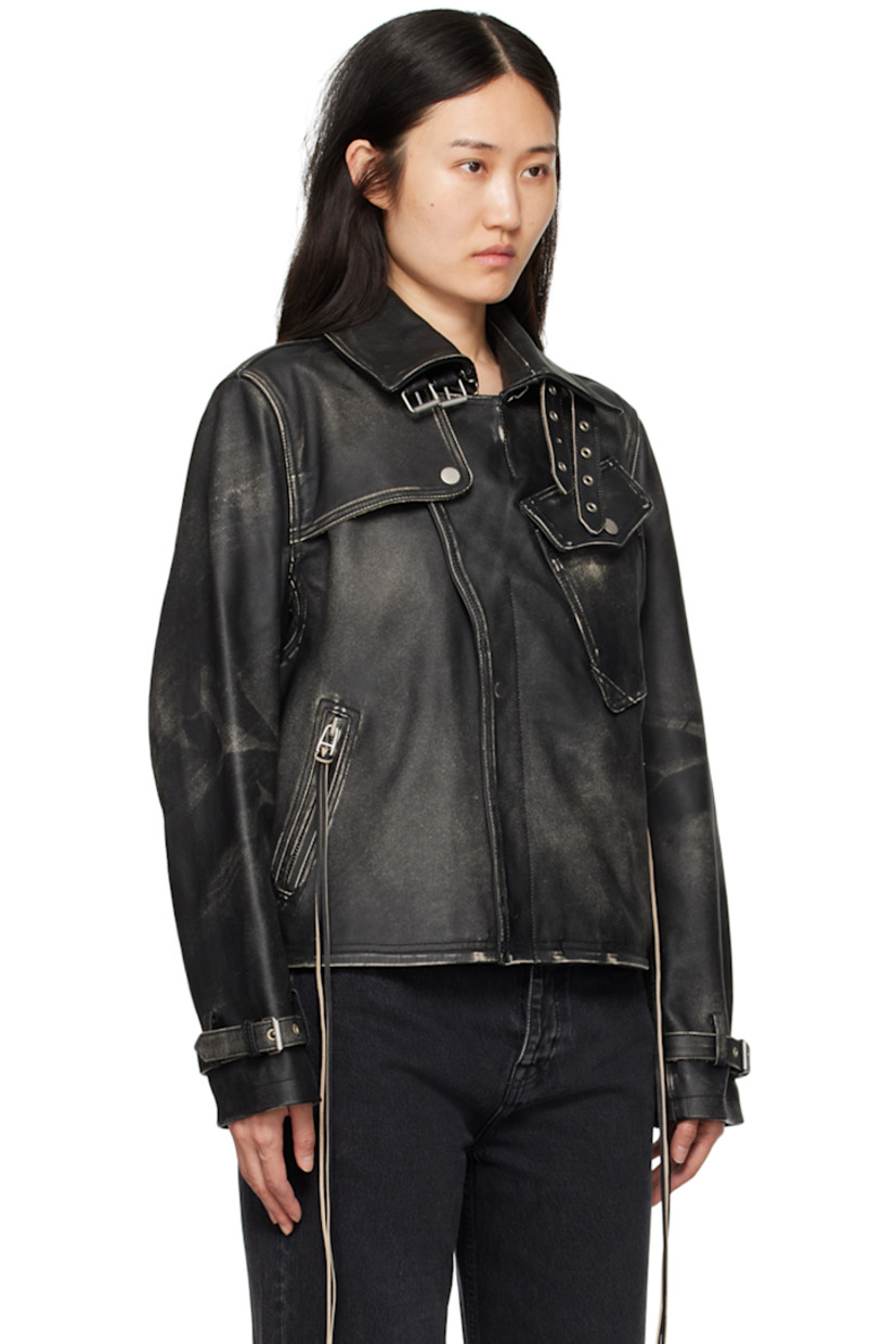 Grained leather jacket. Fading, subtle distressing, and whiskering throughout. 

· Adjustable pin-buckle fastenings at notched lapel
· Offset zip closure with press-stud placket
· Storm flap at chest
· Logo embossed at flap pocket
· Extended trim at zip pockets
· Eyelets at armscyes 
· Pin-buckle strap at cuffs and back waist
· Welt pocket at interior
· Fully lined
· Logo-engraved silver-tone hardware

Supplier color: Black