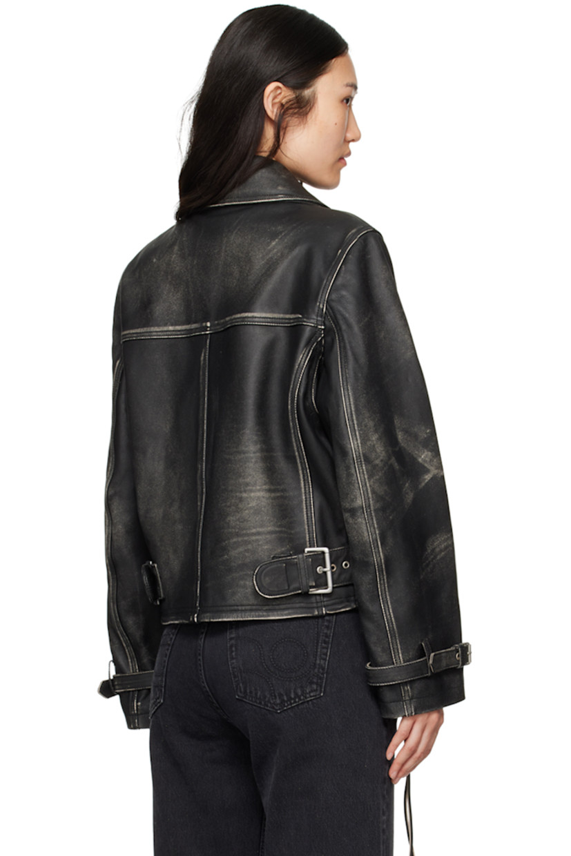 Grained leather jacket. Fading, subtle distressing, and whiskering throughout. 

· Adjustable pin-buckle fastenings at notched lapel
· Offset zip closure with press-stud placket
· Storm flap at chest
· Logo embossed at flap pocket
· Extended trim at zip pockets
· Eyelets at armscyes 
· Pin-buckle strap at cuffs and back waist
· Welt pocket at interior
· Fully lined
· Logo-engraved silver-tone hardware

Supplier color: Black