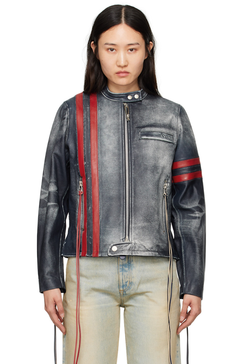 Grained leather jacket. Fading and whiskering throughout.

· Paneled construction
· Press-stud fastening at band collar
· Two-way zip closure
· Embossed logo and zip pocket at chest
· Stripes at front and sleeve
· Extended leather trim at zip pockets and cuffs
· Vented side seams
· Zip vent at cuffs
· Embossed logo at back hem
· Full twill lining

Supplier color: Navy stripe