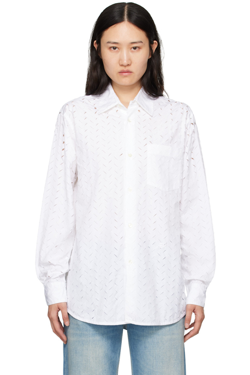 Cotton poplin shirt. Laser-cut distressed herringbone pattern throughout.

· Spread collar
· Button closure
· Patch pocket
· Logo embroidered at front
· Shirttail hem
· Single-button barrel cuffs
· Box pleat at back yoke

Supplier color: White