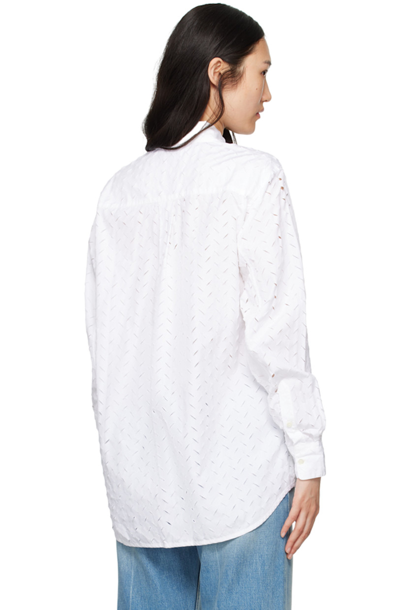 Cotton poplin shirt. Laser-cut distressed herringbone pattern throughout.

· Spread collar
· Button closure
· Patch pocket
· Logo embroidered at front
· Shirttail hem
· Single-button barrel cuffs
· Box pleat at back yoke

Supplier color: White