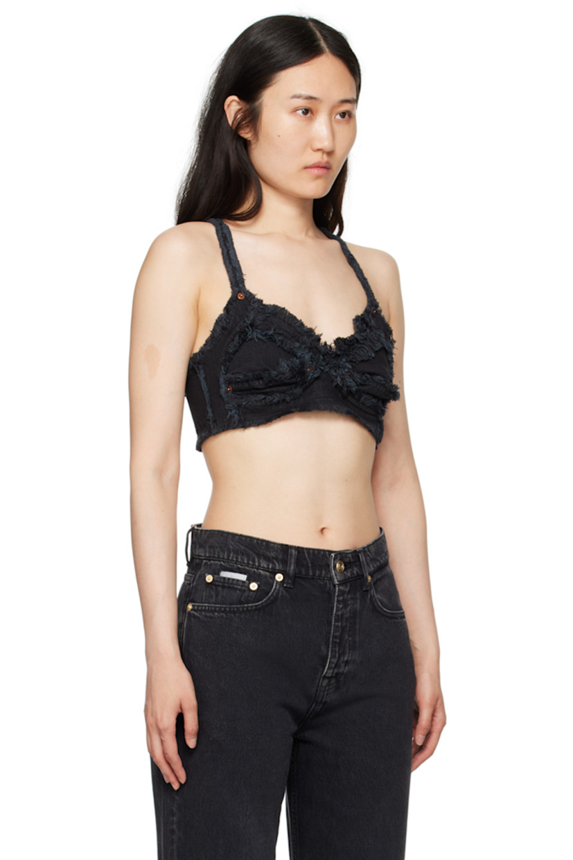 Garment-dyed non-stretch denim and plain-woven viscose-blend camisole. Frayed edges and rivets throughout. 

· Paneled construction 
· Sweetheart neck
· Reinforced cups 
· Cropped hem
· Adjustable criss-crossing shoulder straps
· Self-tie fastening at low back 

Supplier color: Sulphur