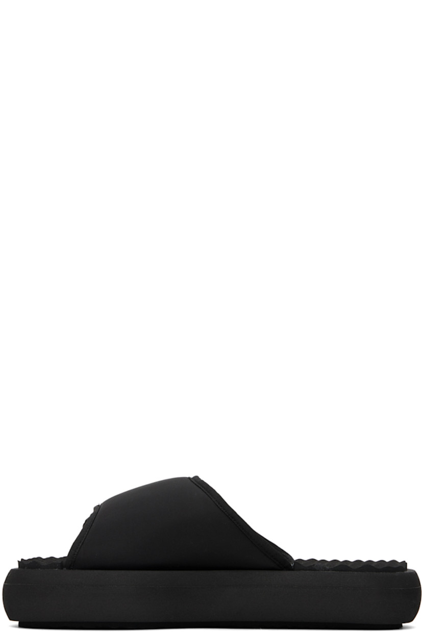 Padded nylon twill slip-on sandals in black.

· Open square toe
· Velcro strap at vamp
· Logo hardware at vamp
· Rubberized logo patch at foam footbed
· Terrycloth lining
· Treaded EVA foam platform sole
· Platform: H1.5"

Supplier color: Nylon black