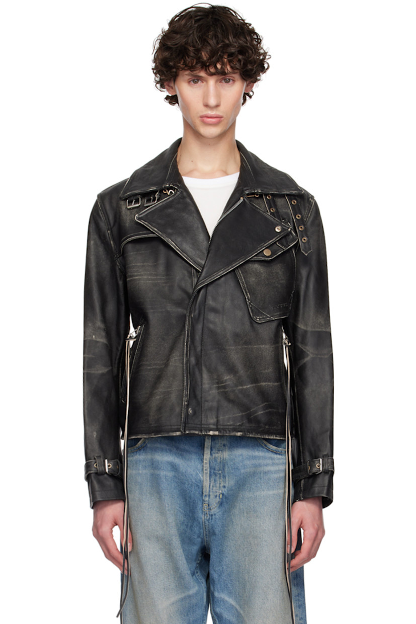 Grained leather jacket. Fading, subtle distressing, and whiskering throughout.

· Adjustable pin-buckle fastenings at notched lapel
· Offset zip closure with press-stud placket
· Storm flap at chest
· Logo embossed at flap pocket
· Extended trim at zip pockets
· Eyelets at armscyes
· Pin-buckle strap at cuffs and back hem
· Welt pocket at interior
· Full satin lining
· Logo-engraved silver-tone hardware

Supplier color: Black
