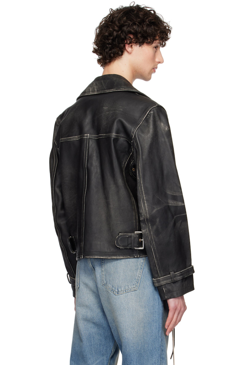 Grained leather jacket. Fading, subtle distressing, and whiskering throughout.

· Adjustable pin-buckle fastenings at notched lapel
· Offset zip closure with press-stud placket
· Storm flap at chest
· Logo embossed at flap pocket
· Extended trim at zip pockets
· Eyelets at armscyes
· Pin-buckle strap at cuffs and back hem
· Welt pocket at interior
· Full satin lining
· Logo-engraved silver-tone hardware

Supplier color: Black
