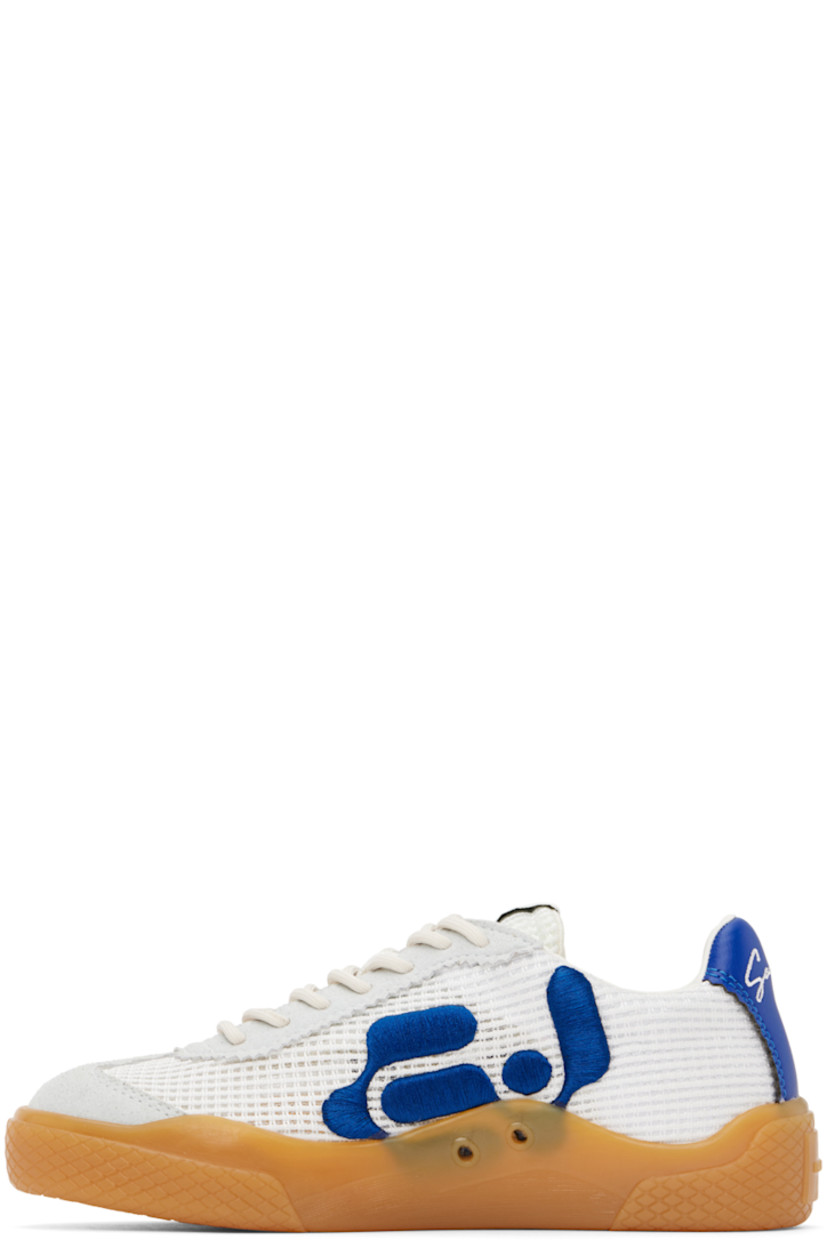 Low-top mesh sneakers in gray and blue.

· Serrated edges and suede trim throughout
· Suede cap toe
· Lace-up closure
· Logo patch at padded tongue
· Padded collar
· Logo embroidered at sides
· Eyelets at inner side
· Text embroidered at heel tab
· Logo embossed at heel
· Unlined
· Treaded rubber sole

Supplier color: Mesh blue bird