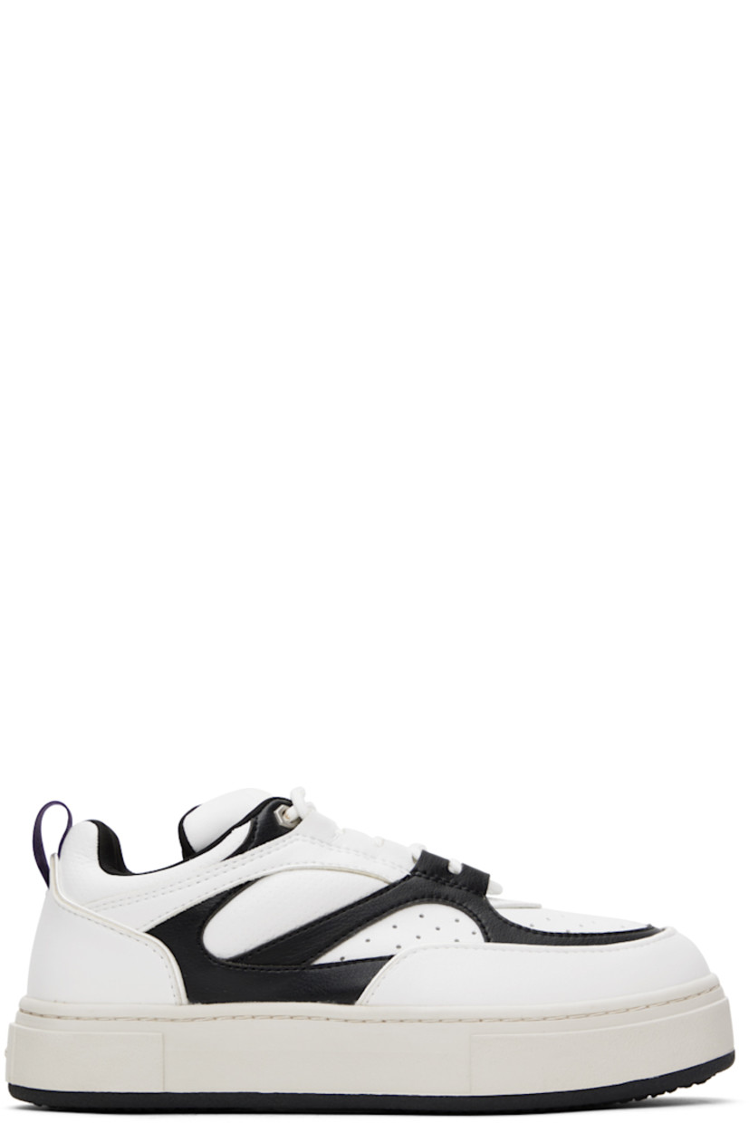 Low-top paneled buffed faux-leather and mesh sneakers in white.

· Perforated detailing at toe and sides
· Lace-up closure
· Logo appliqué at padded tongue
· Padded collar
· Webbing pull-loop at heel counter
· Jersey lining
· Textured rubber platform midsole
· Treaded rubber sole

Supplier color: Sidney swan