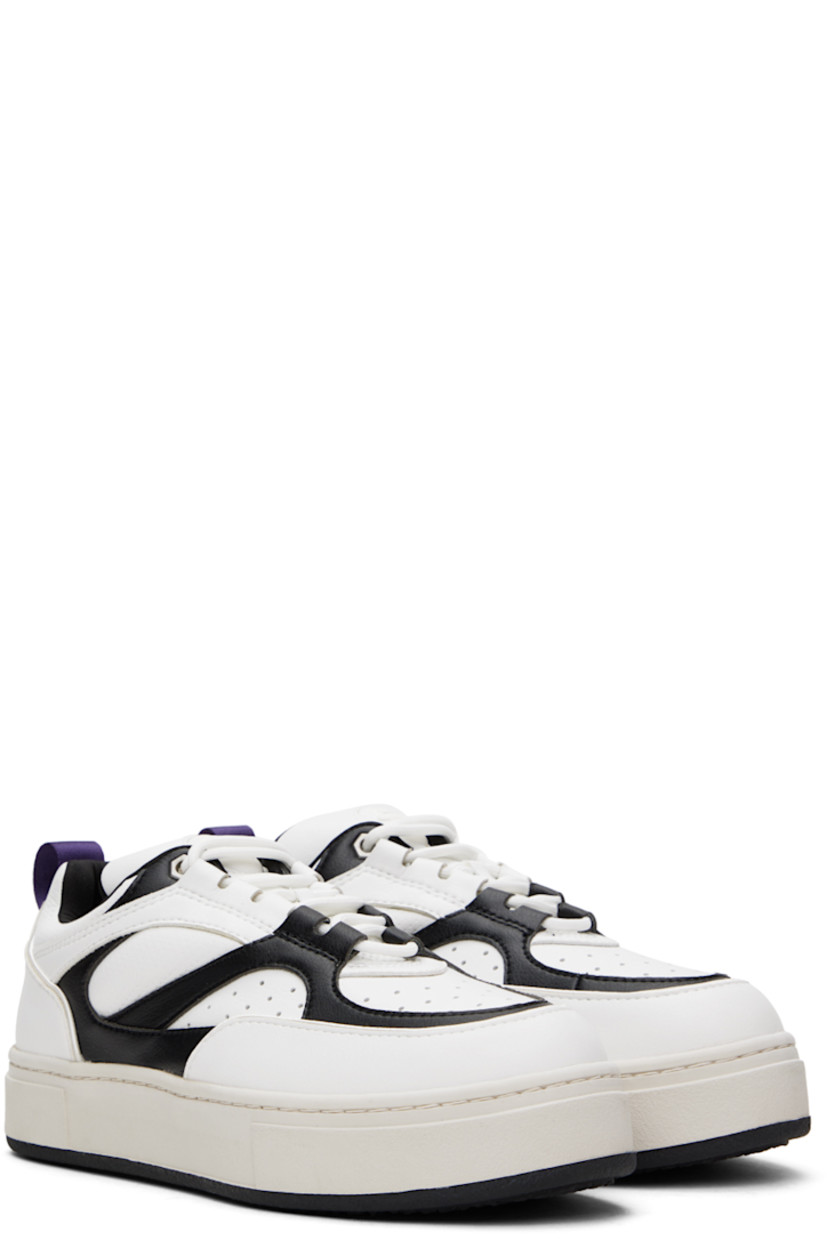Low-top paneled buffed faux-leather and mesh sneakers in white.

· Perforated detailing at toe and sides
· Lace-up closure
· Logo appliqué at padded tongue
· Padded collar
· Webbing pull-loop at heel counter
· Jersey lining
· Textured rubber platform midsole
· Treaded rubber sole

Supplier color: Sidney swan