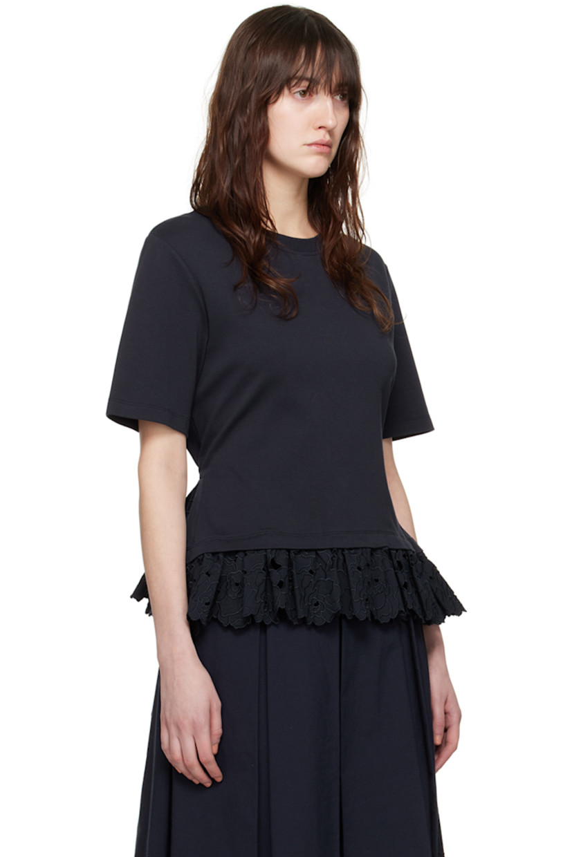 Cotton jersey T-shirt. 

· Layered construction 
· Rib knit crewneck 
· Broderie anglaise trim at hem 
· Fixed adjustable self-tie fastening at side seams 

Supplier color: Navy