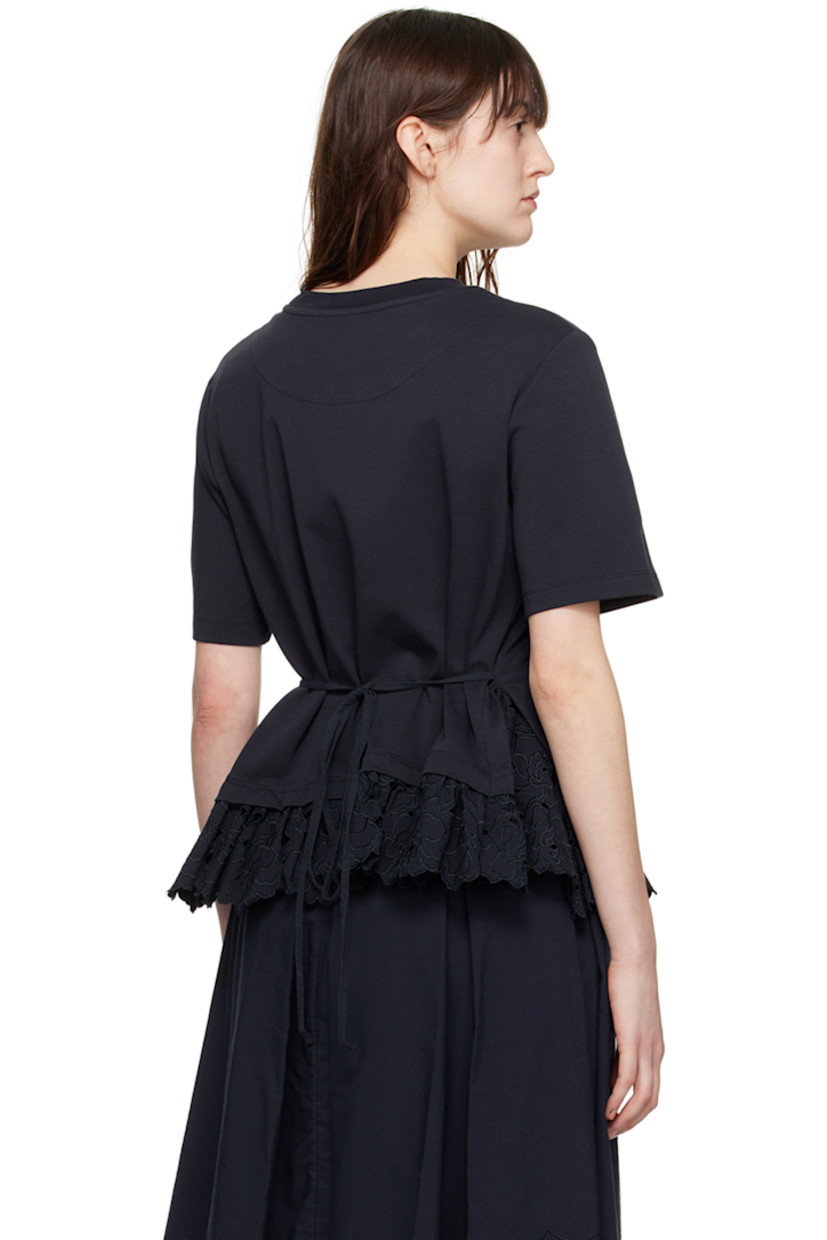 Cotton jersey T-shirt. 

· Layered construction 
· Rib knit crewneck 
· Broderie anglaise trim at hem 
· Fixed adjustable self-tie fastening at side seams 

Supplier color: Navy