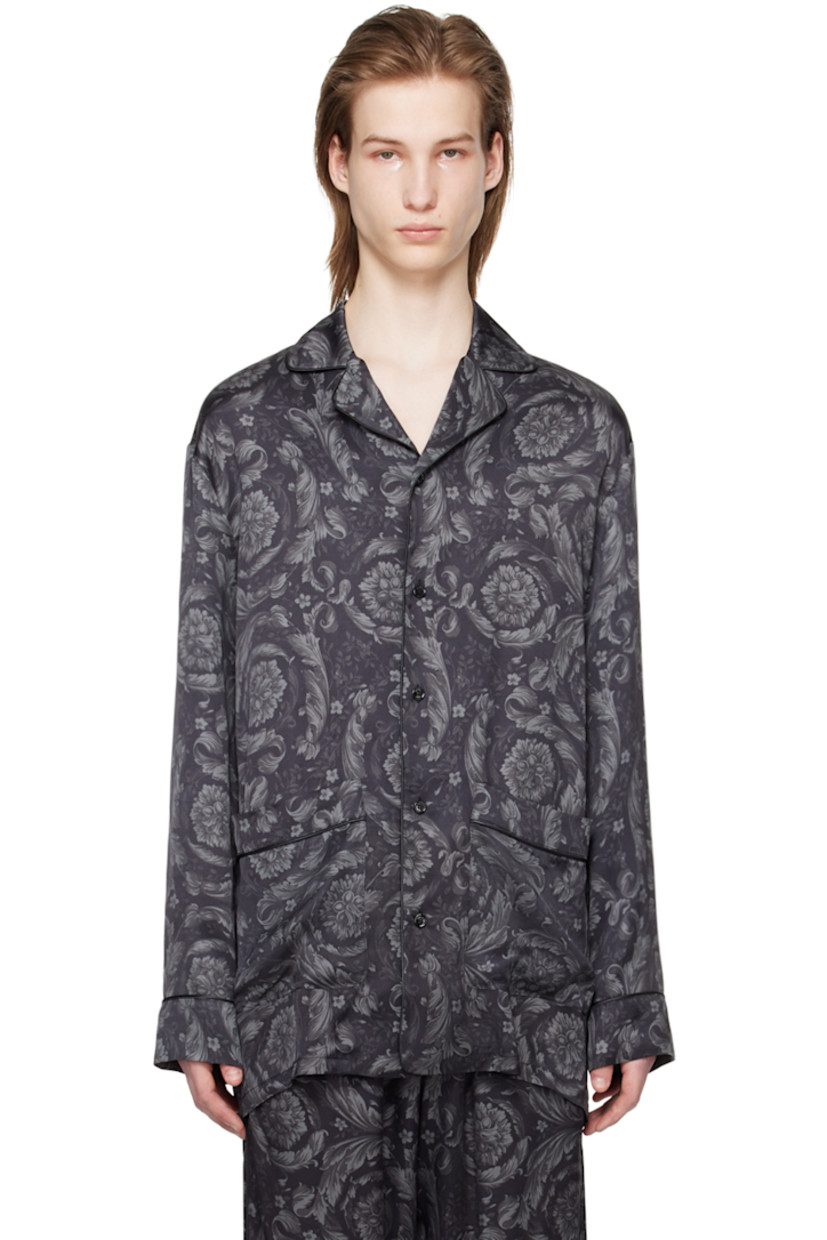 Viscose satin pyjama shirt. Piping and graphic pattern printed throughout. 

· Open spread collar
· Button closure
· Patch pockets

Supplier color: Black/Grey