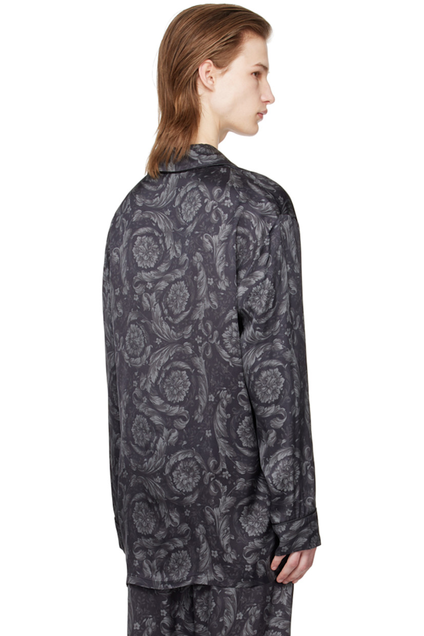Viscose satin pyjama shirt. Piping and graphic pattern printed throughout. 

· Open spread collar
· Button closure
· Patch pockets

Supplier color: Black/Grey