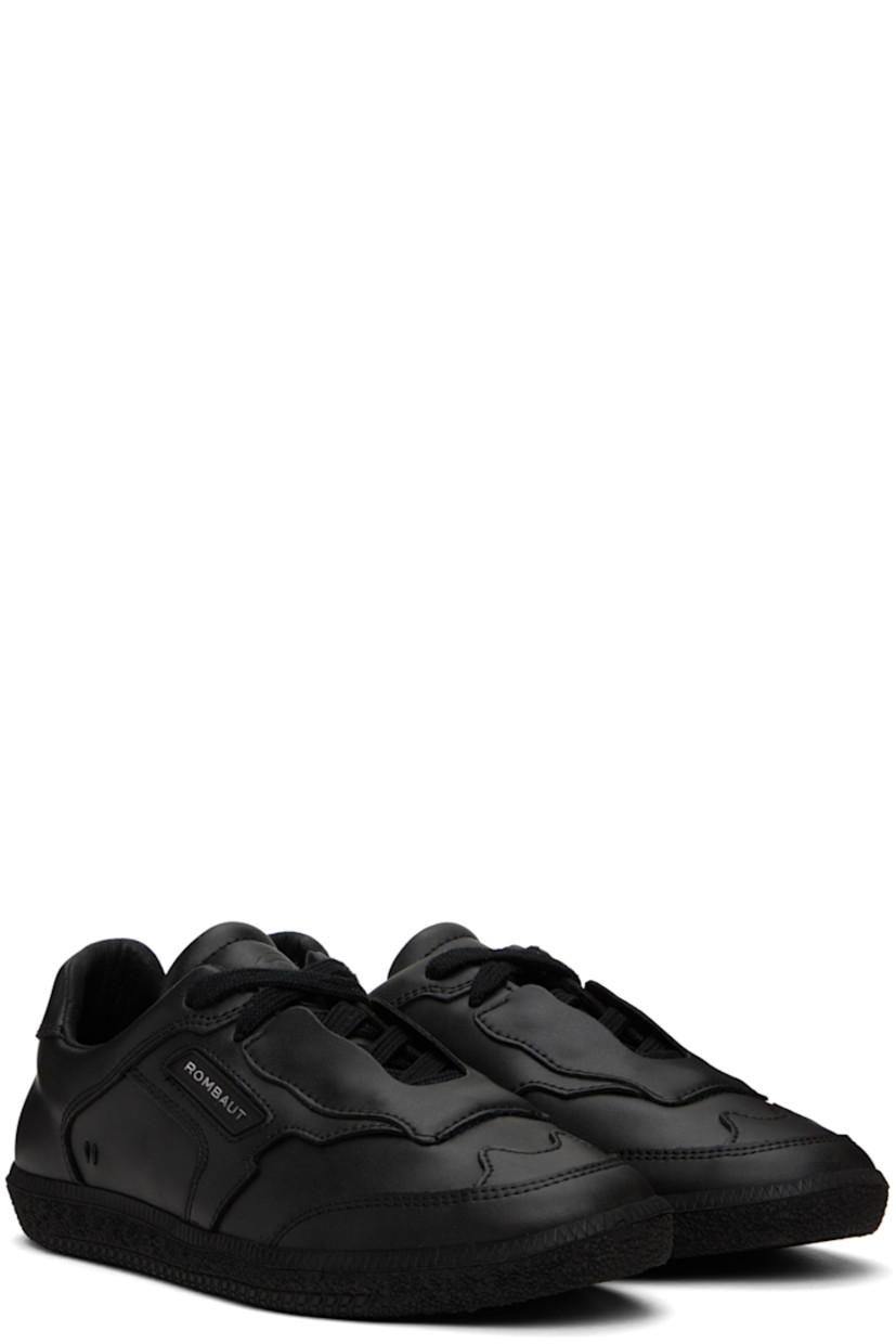 Handcrafted low-top buffed faux-leather sneakers in black.

· Lace-up closure
· Logo embossed at padded tongue and heel
· Padded collar
· Rubberized logo patch at outer side
· Eyelets at inner side
· Buffed faux-leather lining
· Treaded TPU sole

Supplier color: Black beyond leather