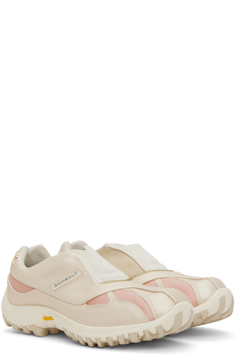 Handcrafted low-top paneled buffed faux-leather, twill, and canvas slip-on sneakers in beige and pink.

· Elasticized gusset at inner side
· Rubberized logo patch at outer side
· Logo hardware at outer side
· Mesh lining
· Treaded Vibram® rubber sole

Supplier color: Pearl