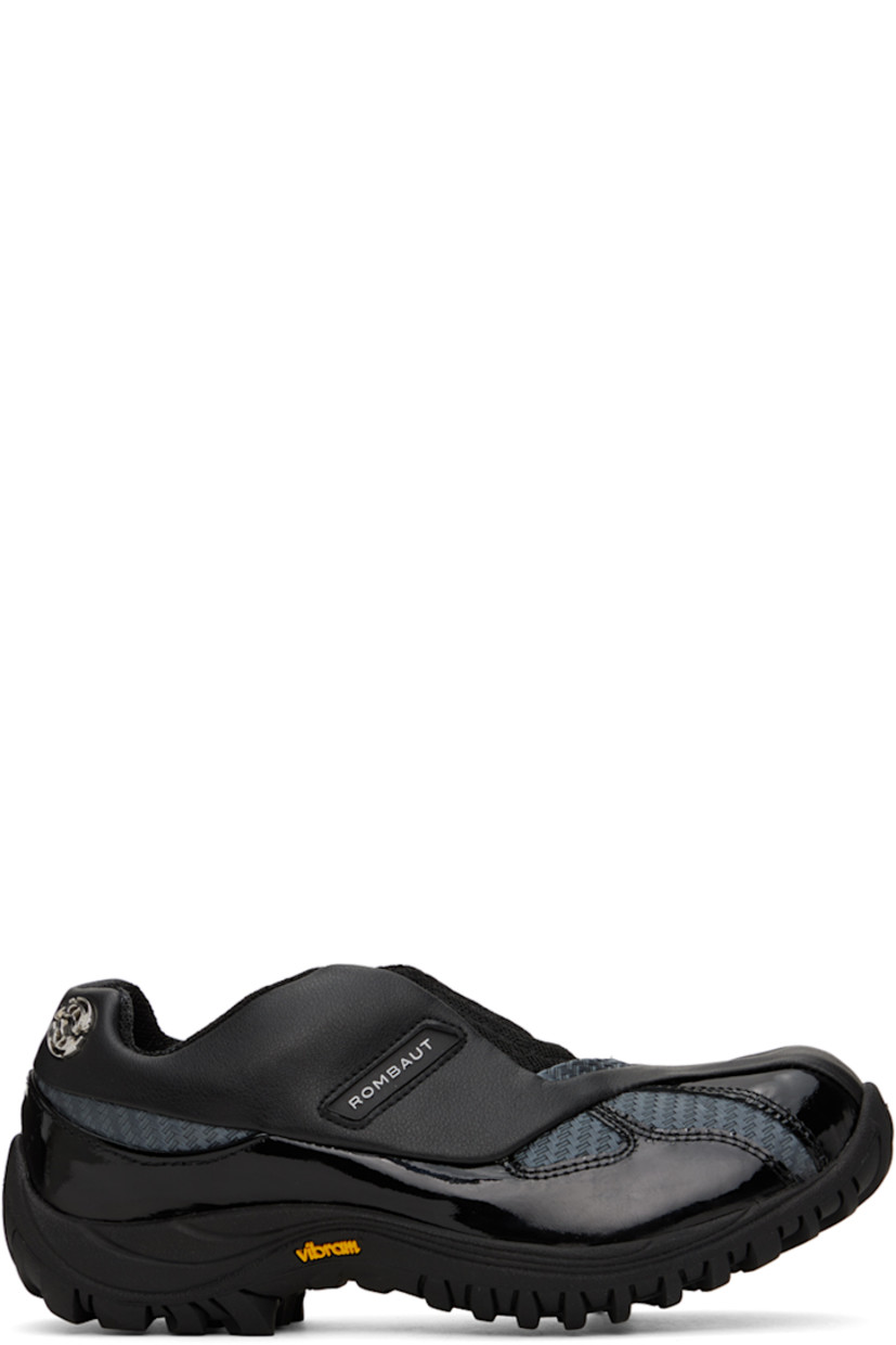 Handcrafted low-top paneled grained faux-leather, patent faux-leather, and mesh slip-on sneakers in black.

· Elasticized gusset at inner side
· Rubberized logo patch at outer side
· Logo hardware at outer side
· Mesh lining
· Treaded Vibram® rubber sole

Supplier color: Carbon patent beyond leather