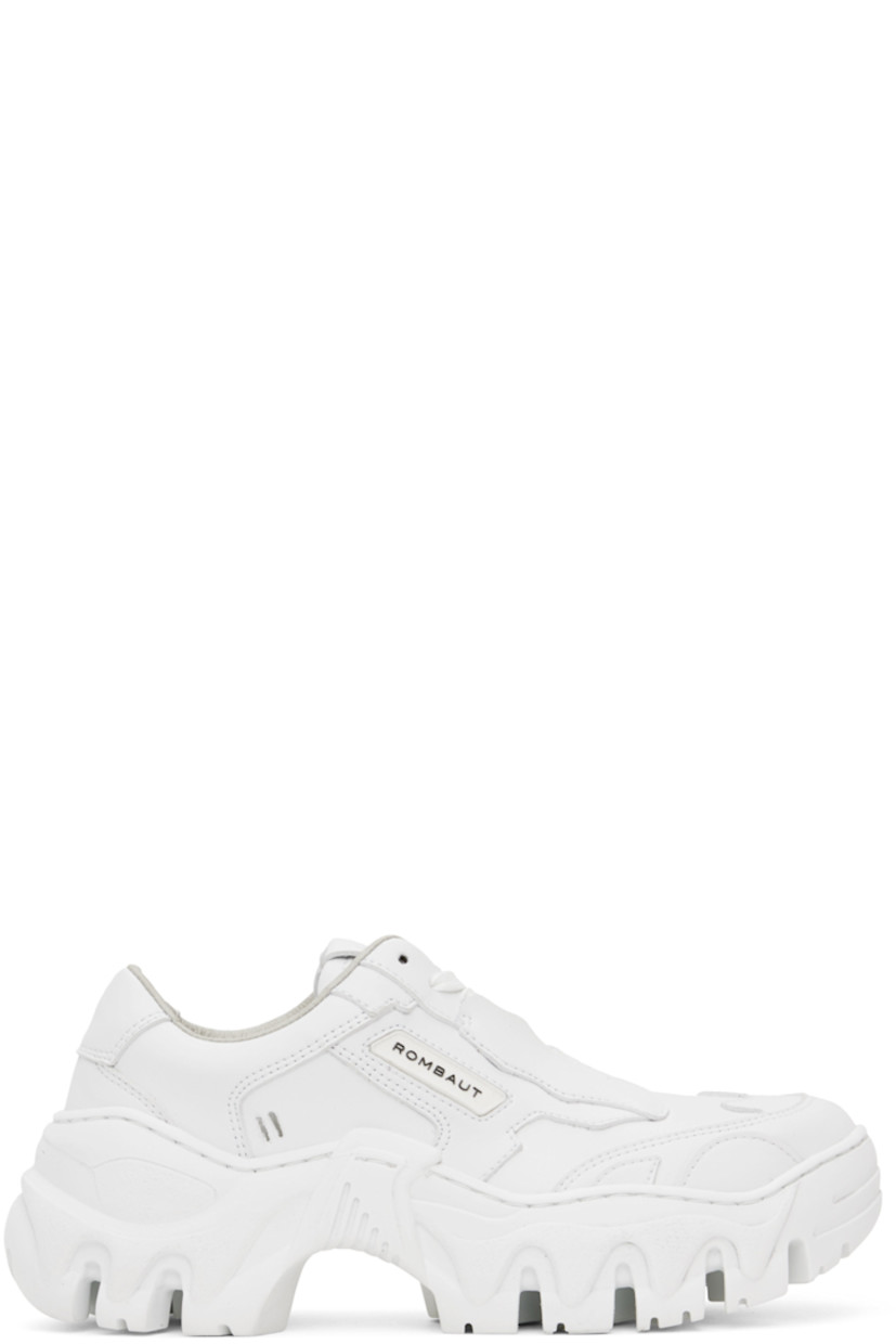 Handcrafted low-top buffed faux-leather sneakers in white. 

· Lace-up closure
· Logo engraved at vamp 
· Logo flag at padded tongue 
· Padded collar
· Rubberized logo patch at outer side
· Buffed faux-leather lining
· Logo embossed at heel counter
· Treaded rubber platform sole
· Platform: H1.5"

Supplier color: White future leather