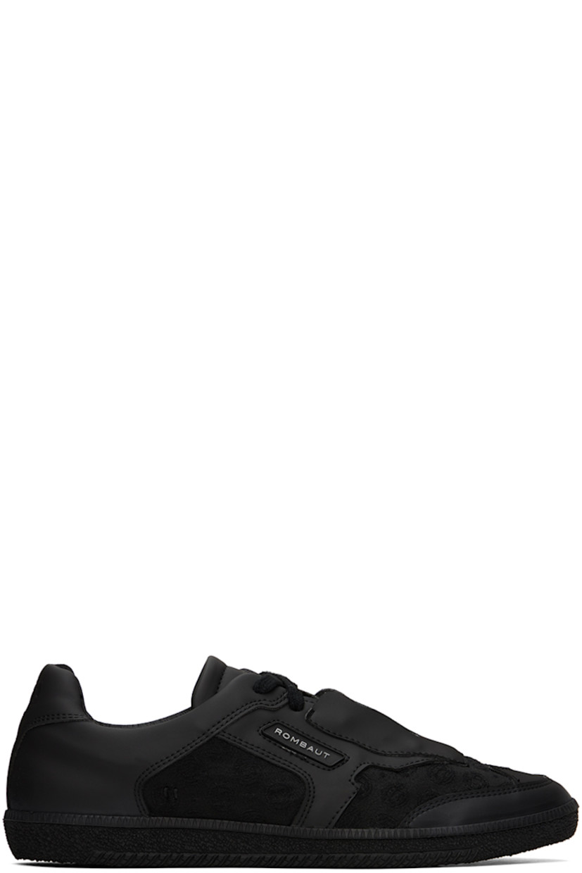 Handcrafted low-top paneled buffed faux-leather and twill sneakers in black. 

· Jacquard logo pattern throughout
· Lace-up closure
· Logo embossed at vamp and tongue
· Eyelets at inner side 
· Rubberized logo patch at outer side
· Grained faux-leather lining 
· Treaded TPU sole

Supplier color: Black