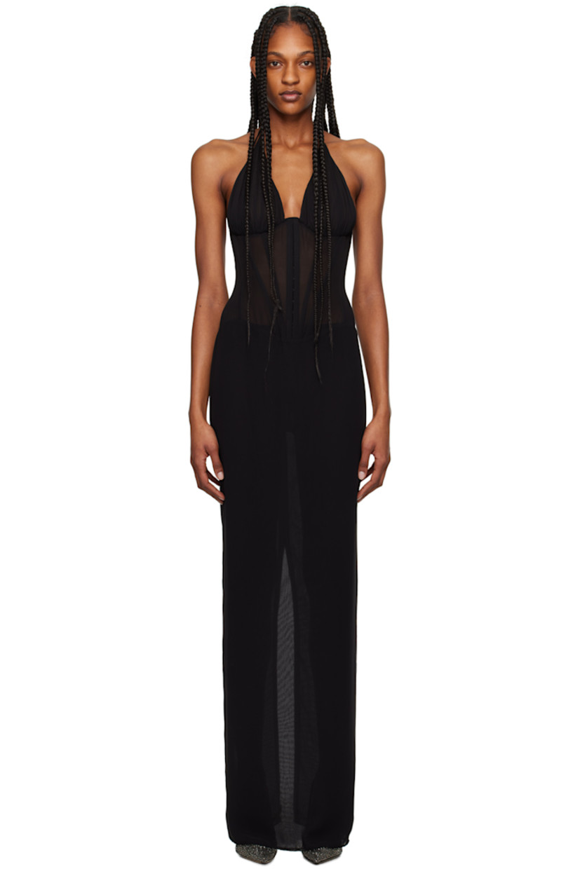 Semi-sheer polyester chiffon and mesh dress. Boning throughout.

· Paneled construction
· V-neck
· Self-tie halter straps
· Zip closure at open back
· Central vent at back hem

Supplier color: Black