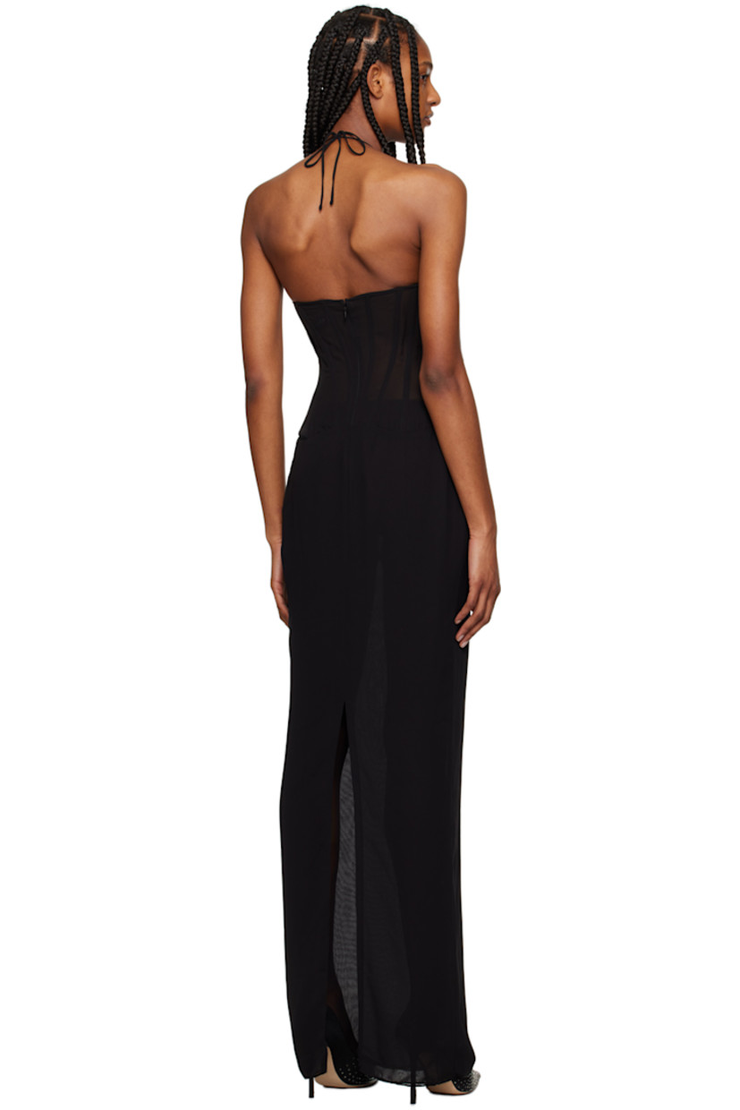 Semi-sheer polyester chiffon and mesh dress. Boning throughout.

· Paneled construction
· V-neck
· Self-tie halter straps
· Zip closure at open back
· Central vent at back hem

Supplier color: Black