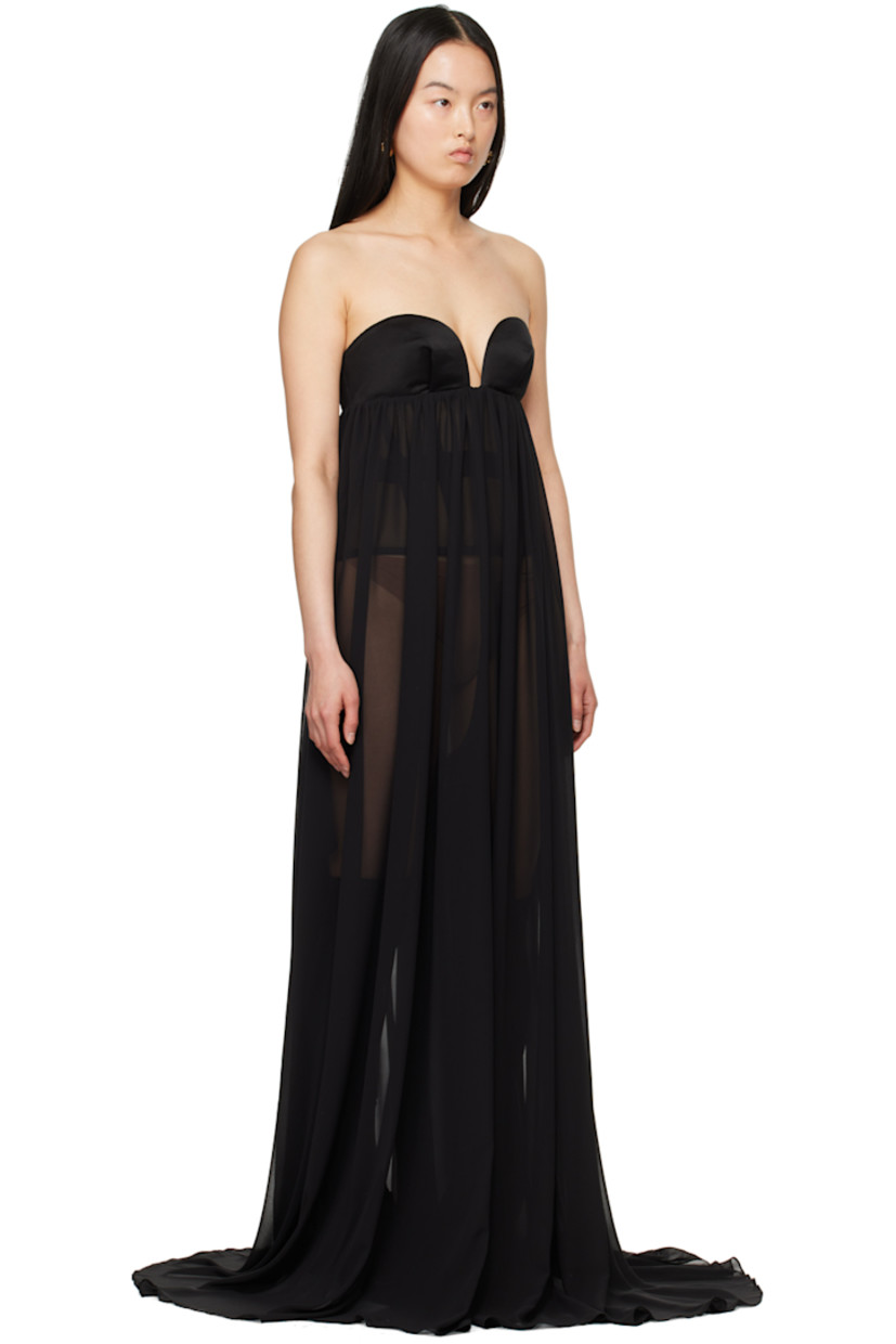 Wide-leg polyester satin and sheer chiffon jumpsuit.

· Sweetheart neck
· Underwire at pleated cups
· Boning at bodice
· Extended legs
· Hook-eye and concealed zip closure at back
· Unlined

Supplier color: Black