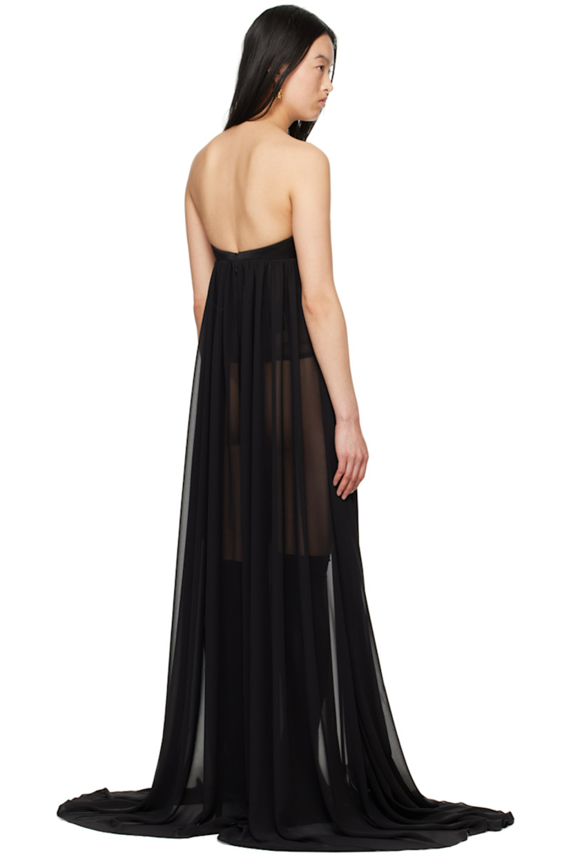 Wide-leg polyester satin and sheer chiffon jumpsuit.

· Sweetheart neck
· Underwire at pleated cups
· Boning at bodice
· Extended legs
· Hook-eye and concealed zip closure at back
· Unlined

Supplier color: Black