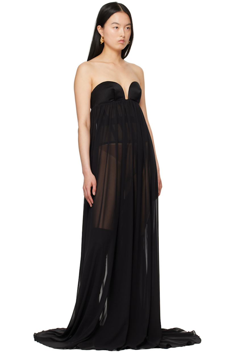 Wide-leg polyester satin and sheer chiffon jumpsuit.

· Sweetheart neck
· Underwire at pleated cups
· Boning at bodice
· Extended legs
· Hook-eye and concealed zip closure at back
· Unlined

Supplier color: Black