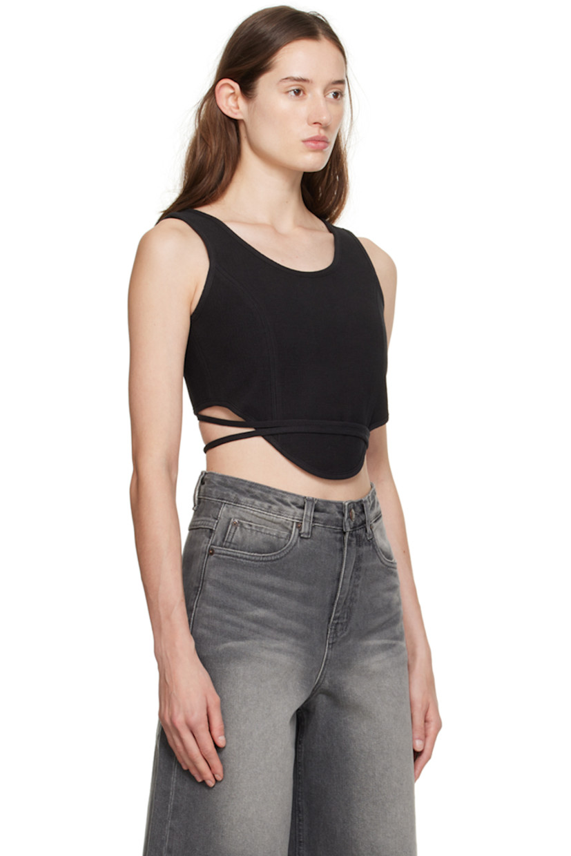 Cotton- and nylon-blend cloqué tank top.

· Front-to-back reversible construction
· Crewneck
· Princess seams
· Logo embroidered at front
· Wraparound self-tie strap at waist
· Curved hem

Supplier color: Black