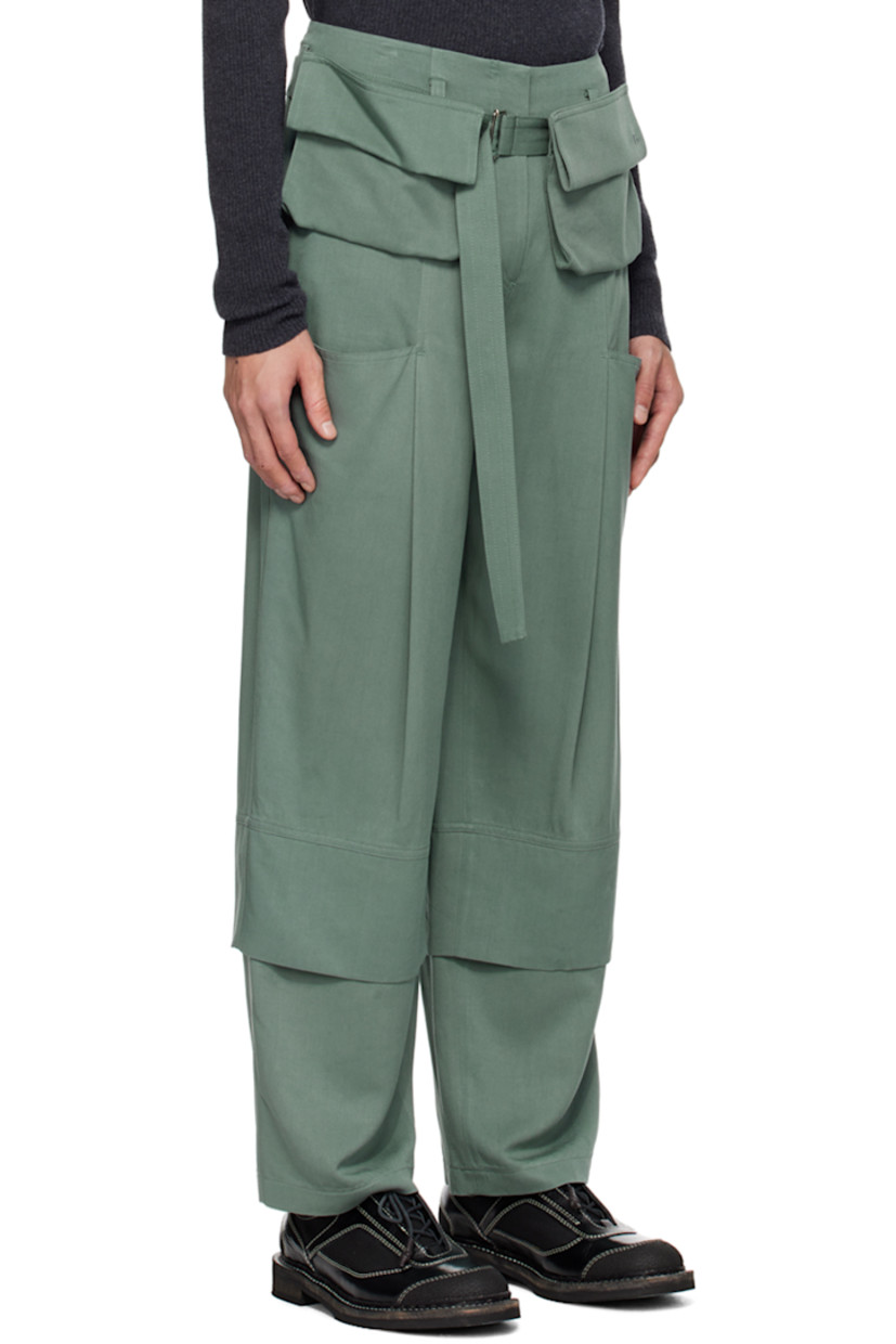 Rayon- and modal-blend twill cargo pants.

· Integrated cinch belt and belt loops at waistband
· Detachable flap pockets at belt
· Two-pocket styling
· Zip-fly
· Pleats at front legs
· Layered cuffs
· Patch pocket at outseams

Supplier color: Green