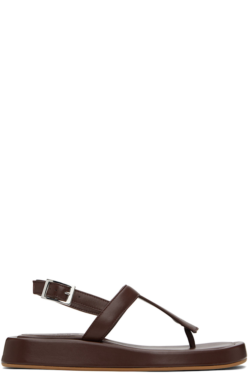 Grained leather flat sandals in brown.

· Open square toe
· Thong-style strap at vamp
· Pin-buckle ankle strap
· Logo embossed at padded footbed
· Covered midsole
· Rubber sole 

Supplier color: Chocolate