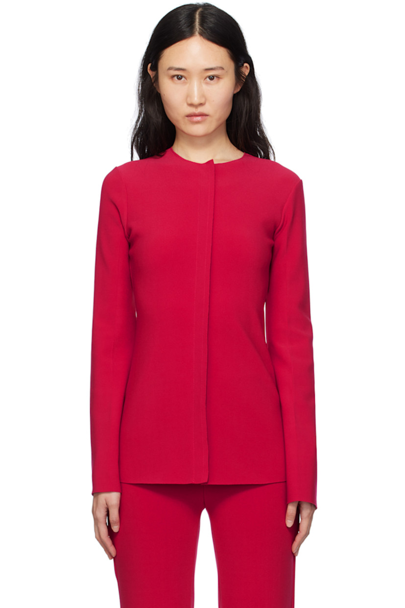 Stretch polyester bonded crepe blouse. Raw edges throughout.

· Round neck
· Hook-eye closure

Supplier color: Berry