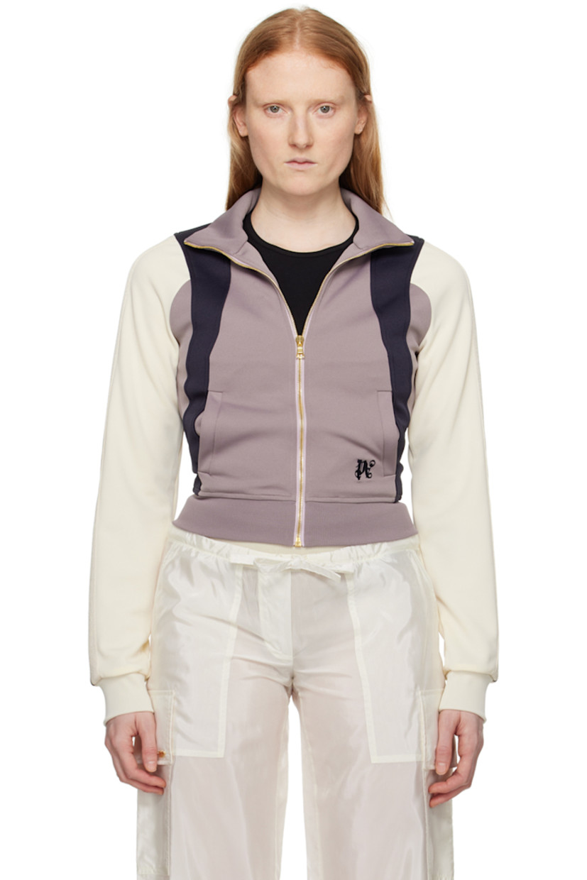 Polyester jersey track jacket. 

· Rib knit stand collar, hem, and cuffs
· Zip closure 
· Welt pockets
· Logo embroidered at front
· Striped trim at sleeves

Supplier color: Lilac/Multi