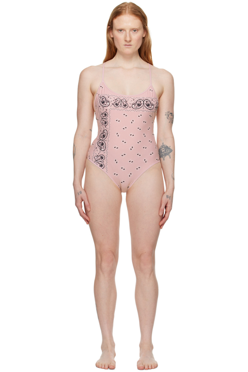 Stretch polyester jersey swimsuit. Paisley pattern printed throughout. 

�· Scoop neck 
· Fixed criss-crossing spaghetti straps 
· Open back 
· Fully lined 

Supplier color: Pink