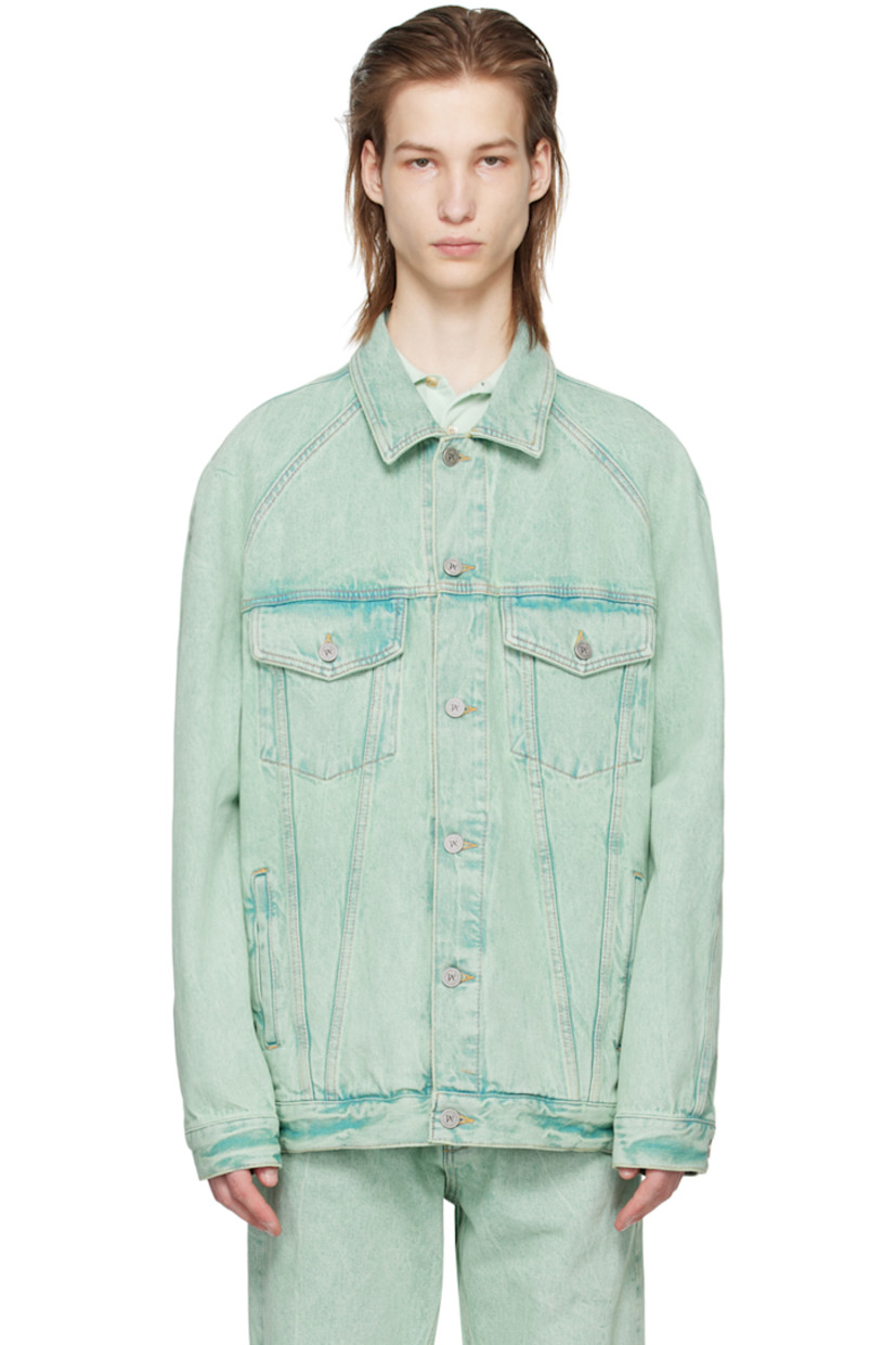 Overdyed non-stretch denim jacket. Fading and subtle distressing throughout. 

· Spread collar
· Button closure
· Flap and welt pockets 
· Single-button barrel cuffs
· Logo embroidered at back yoke 
· Adjustable button tabs at back hem
· Unlined
· Logo-engraved silver-tone hardware

Supplier color: Mint/Off-white