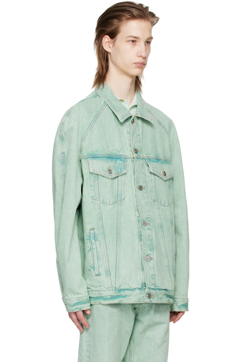 Overdyed non-stretch denim jacket. Fading and subtle distressing throughout. 

· Spread collar
· Button closure
· Flap and welt pockets 
· Single-button barrel cuffs
· Logo embroidered at back yoke 
· Adjustable button tabs at back hem
· Unlined
· Logo-engraved silver-tone hardware

Supplier color: Mint/Off-white
