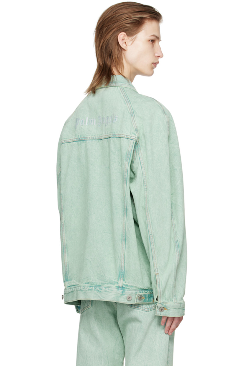 Overdyed non-stretch denim jacket. Fading and subtle distressing throughout. 

· Spread collar
· Button closure
· Flap and welt pockets 
· Single-button barrel cuffs
· Logo embroidered at back yoke 
· Adjustable button tabs at back hem
· Unlined
· Logo-engraved silver-tone hardware

Supplier color: Mint/Off-white
