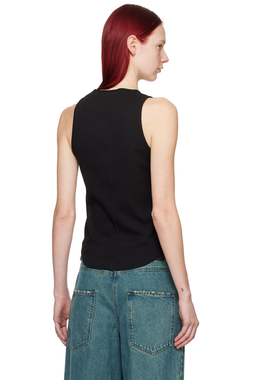 Rib knit stretch cotton tank top.

· Crewneck
· Raw edge at shirttail hem
· Central seam at back
 
Supplier color: Black