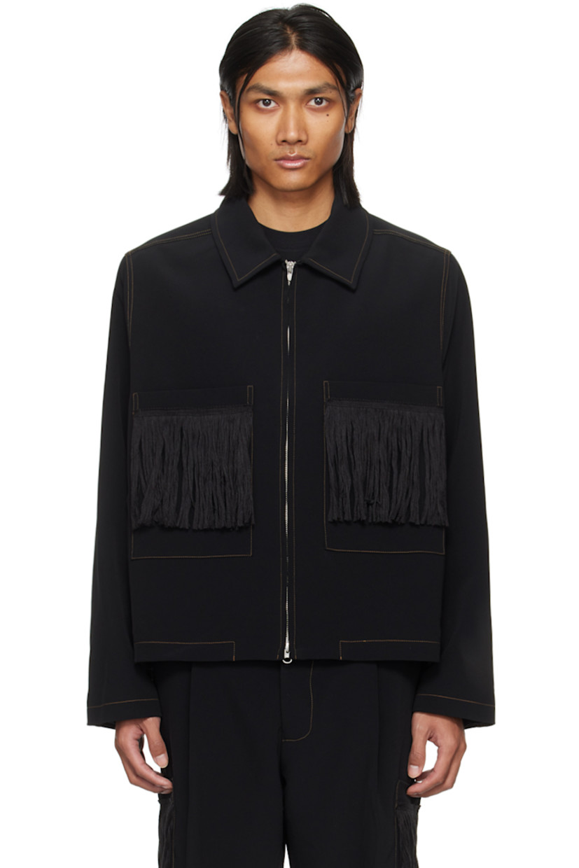Plain-woven triacetate-and polyester-blend jacket.

· Spread collar 
· Two-way zip closure 
· Fringed detailing at patch pockets
· Seam pockets
· Full cupro satin lining 
· Contrast stitching in tan

Supplier color: Black