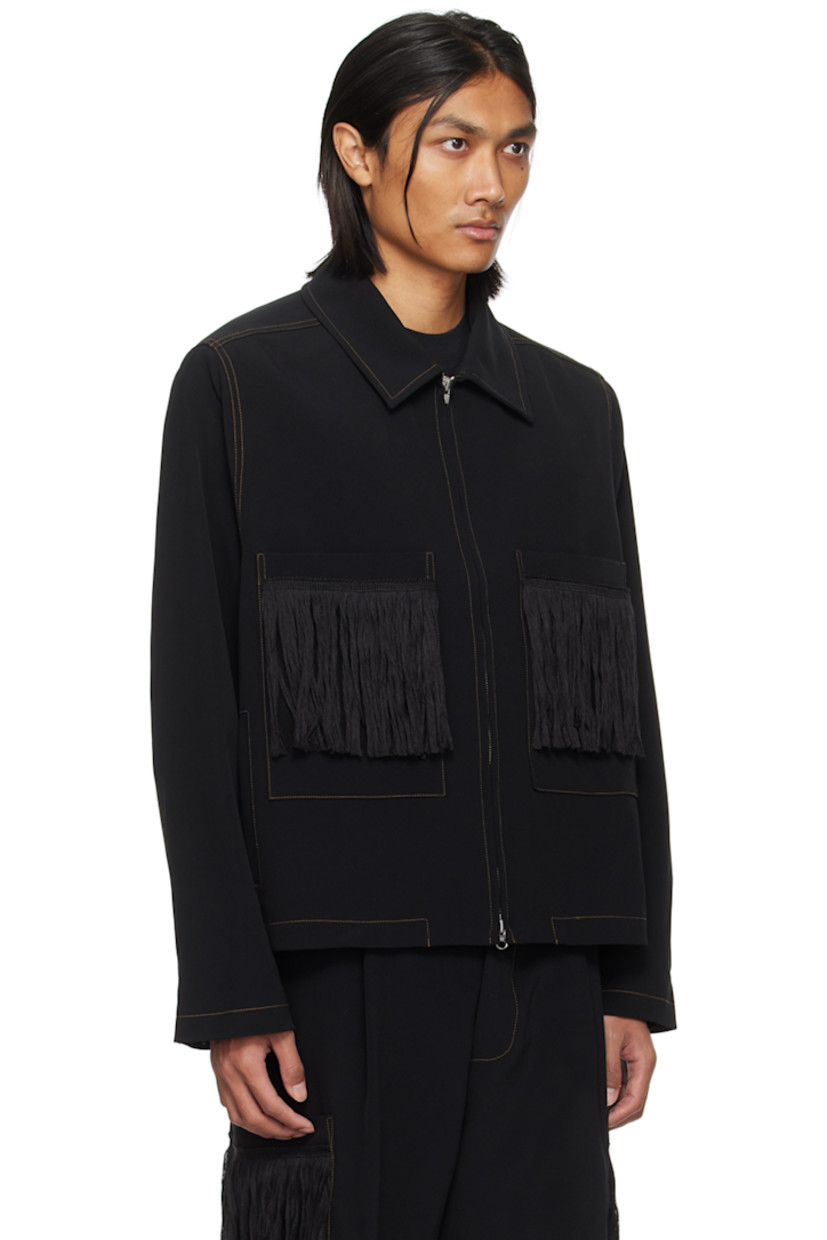 Plain-woven triacetate-and polyester-blend jacket.

· Spread collar 
· Two-way zip closure 
· Fringed detailing at patch pockets
· Seam pockets
· Full cupro satin lining 
· Contrast stitching in tan

Supplier color: Black