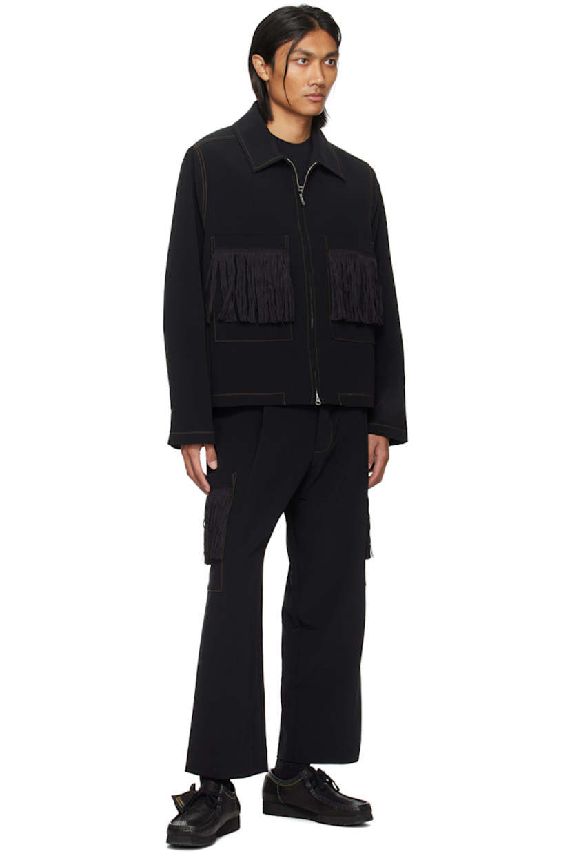Plain-woven triacetate-and polyester-blend jacket.

· Spread collar 
· Two-way zip closure 
· Fringed detailing at patch pockets
· Seam pockets
· Full cupro satin lining 
· Contrast stitching in tan

Supplier color: Black