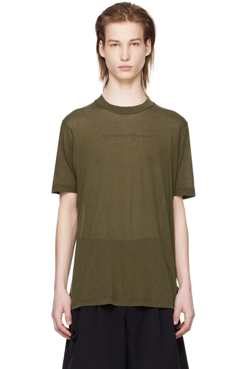 Cotton- and silk-blend jersey T-Shirt.

· Rib knit crewneck
· Text printed at chest

Supplier color: Army green