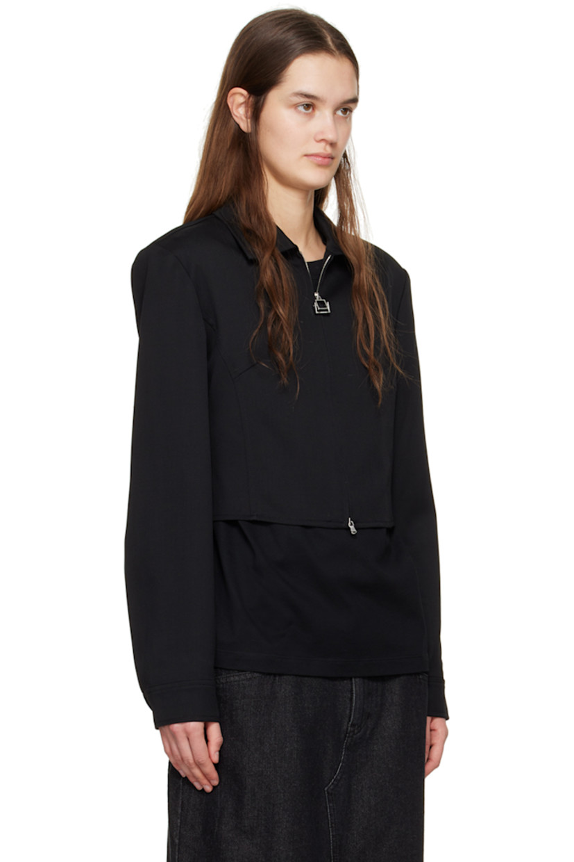 Wool twill shirt.

· Spread collar
· Two-way zip closure
· Cropped hem
· Padded shoulders
· Adjustable single-button barrel cuffs
· Logo hardware at back collar
· Box pleat at back yoke
· Logo-engraved silver-tone hardware

Supplier color: Black