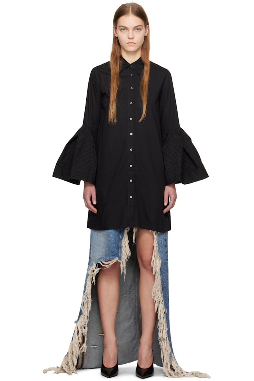 Cotton poplin dress.

· Spread collar
· Button closure
· Raw edge at hem
· Gathering at flared cuffs
· Logo-engraved silver-tone hardware

Supplier color: Black