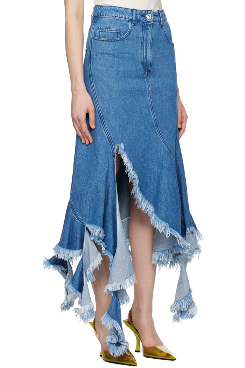 Non-stretch denim skirt. 

· Belt loops
· Five-pocket styling
· Zip-fly
· Frayed edge at ruffled asymmetric hem
· Jacron logo patch at back waistband

Supplier color: Mid blue