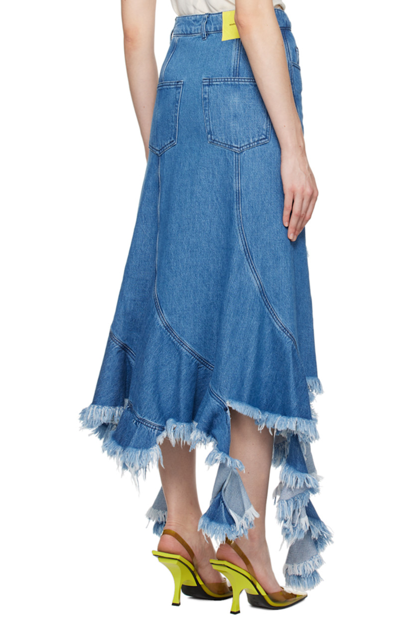 Non-stretch denim skirt. 

· Belt loops
· Five-pocket styling
· Zip-fly
· Frayed edge at ruffled asymmetric hem
· Jacron logo patch at back waistband

Supplier color: Mid blue