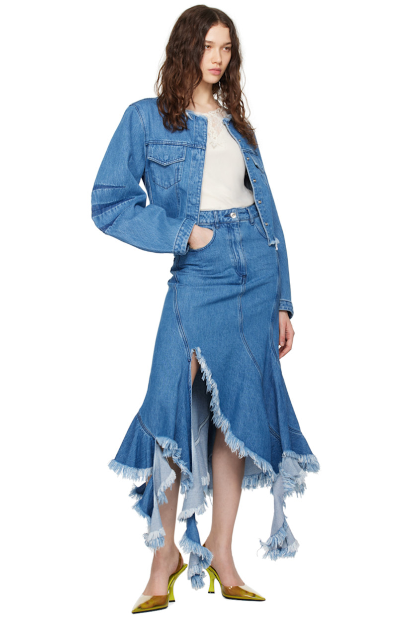 Non-stretch denim skirt. 

· Belt loops
· Five-pocket styling
· Zip-fly
· Frayed edge at ruffled asymmetric hem
· Jacron logo patch at back waistband

Supplier color: Mid blue